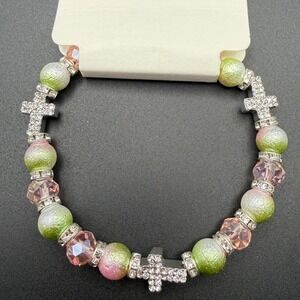 Pastel Ombre Beaded Cross Stretch Bracelet Rhinestone Accents Pink Green Silver